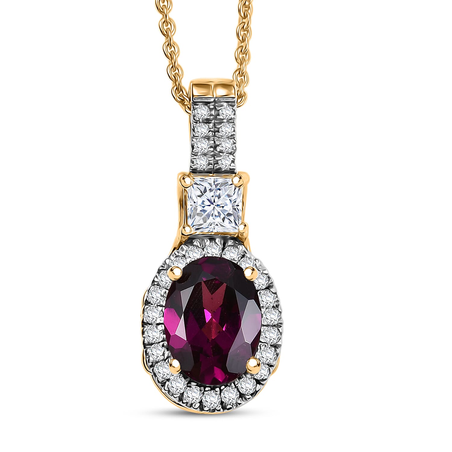 D'Joy Premium Radiant Ember Garnet and Lab Grown Diamond 2.00 ctw Pendant Necklace in 18K Vermeil Yellow Gold Over Sterling Silv