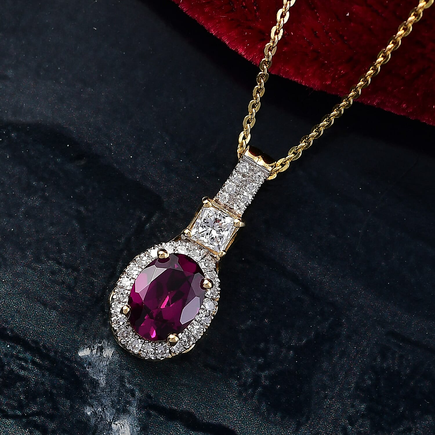 D'Joy Premium Radiant Ember Garnet and Lab Grown Diamond 2.00 ctw Pendant Necklace in 18K Vermeil Yellow Gold Over Sterling Silver 20 Inches