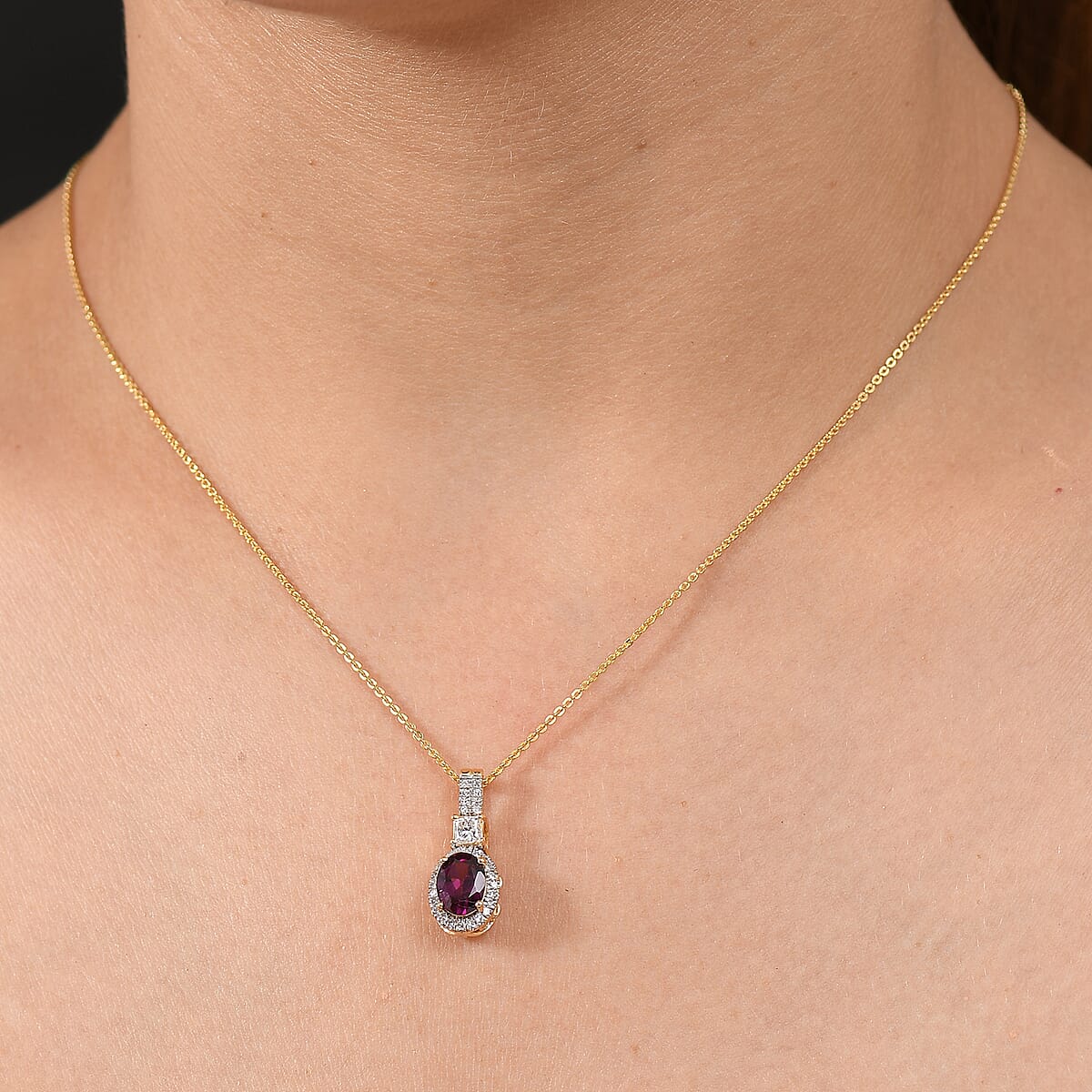D'Joy Radiant Ember Garnet and Lab Grown Diamond 2.00 ctw Pendant Necklace in 18K Vermeil Yellow Gold Over Sterling Silver 20 Inches image number 2