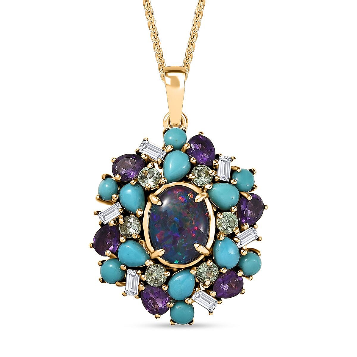 D'Joy Elysian Opal (Triplet) and Multi Gemstone 4.50 ctw Cosmic Bloom Pendant Necklace in 18K Vermeil Yellow Gold Over Sterling Silver 20 Inches image number 0