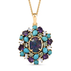 D'Joy Elysian Opal (Triplet) and Multi Gemstone 4.50 ctw Cosmic Bloom Pendant Necklace in 18K Vermeil Yellow Gold Over Sterling Silver 20 Inches
