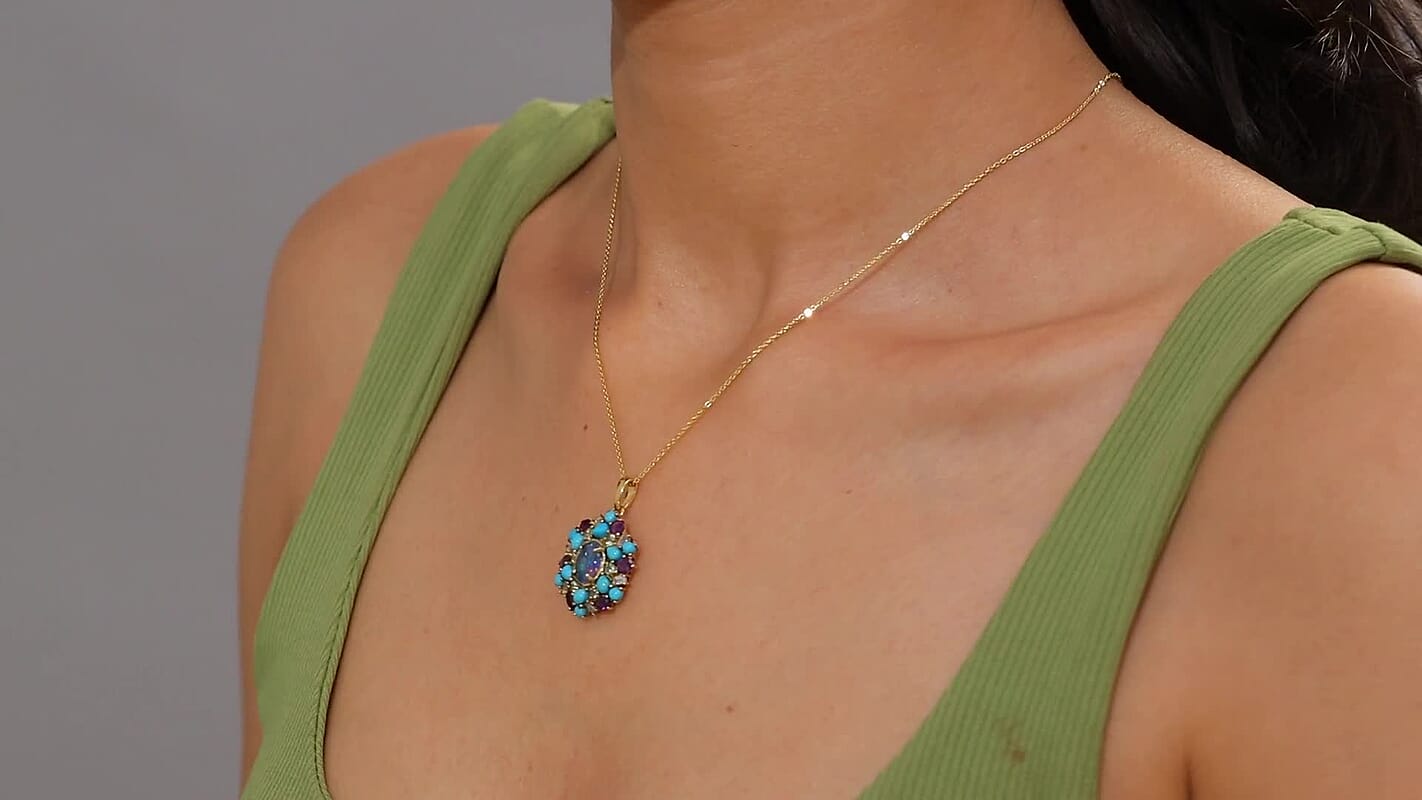 D'Joy Elysian Opal (Triplet) and Multi Gemstone 4.50 ctw Cosmic Bloom Pendant Necklace in 18K Vermeil Yellow Gold Over Sterling Silver 20 Inches