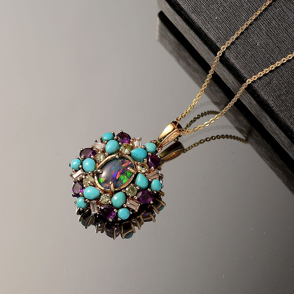D'Joy Elysian Opal (Triplet) and Multi Gemstone 4.50 ctw Cosmic Bloom Pendant Necklace in 18K Vermeil Yellow Gold Over Sterling Silver 20 Inches image number 1