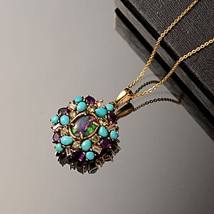 D'Joy Elysian Opal (Triplet) and Multi Gemstone 4.50 ctw Cosmic Bloom Pendant Necklace in 18K Vermeil Yellow Gold Over Sterling Silver 20 Inches