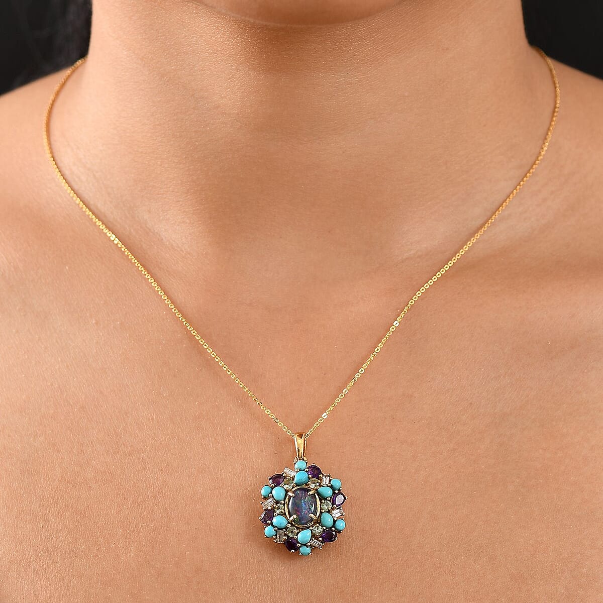 D'Joy Elysian Opal (Triplet) and Multi Gemstone 4.50 ctw Cosmic Bloom Pendant Necklace in 18K Vermeil Yellow Gold Over Sterling Silver 20 Inches image number 2