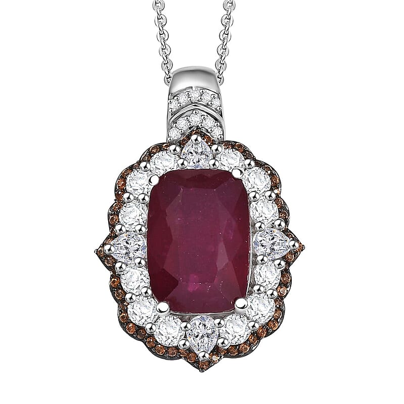 D'Joy Niassa Ruby (FF) and Multi Gemstone 14.90 ctw Art Deco Pendant Necklace 20 Inches in Rhodium Over Sterling Silver