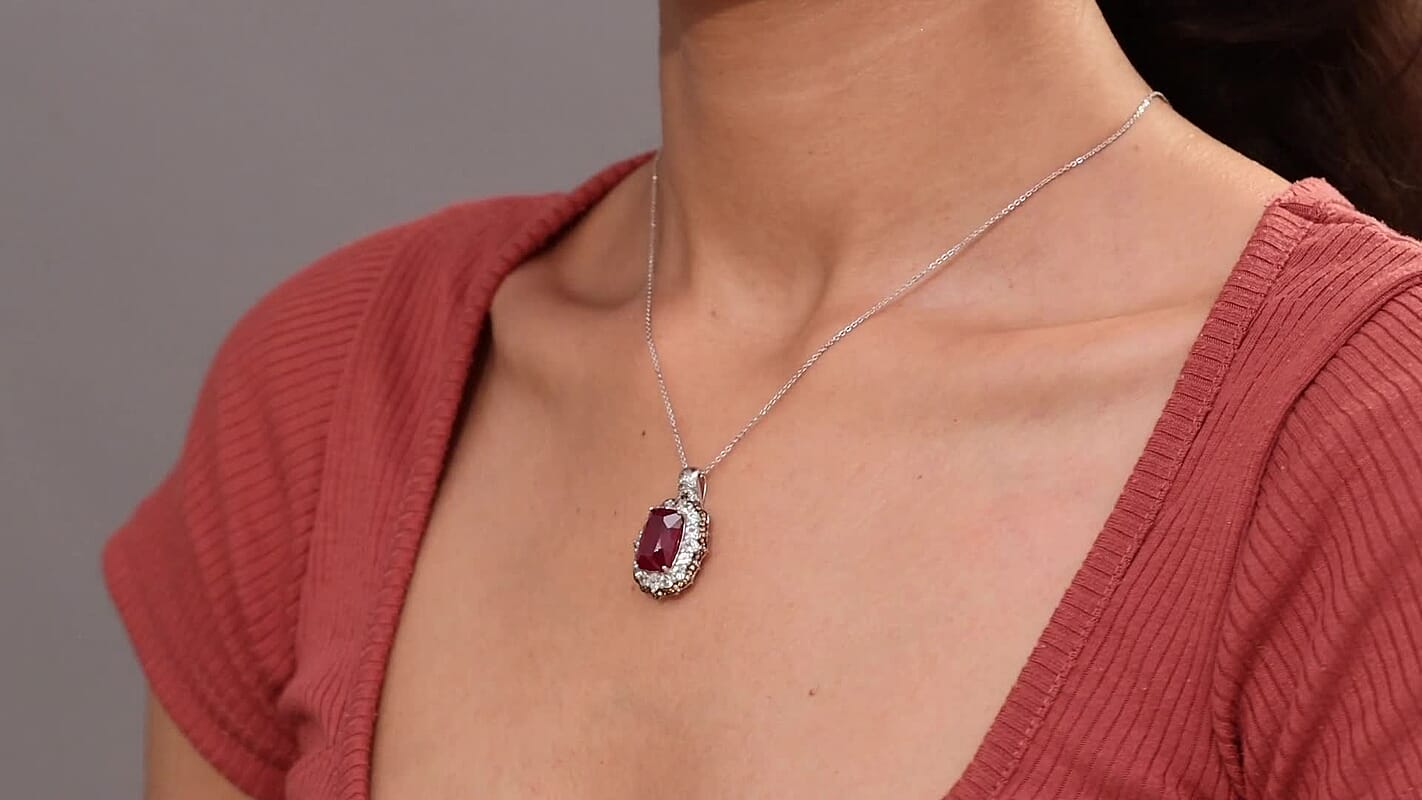 D'Joy Niassa Ruby (FF) and Multi Gemstone 14.90 ctw Art Deco Pendant Necklace 20 Inches in Rhodium Over Sterling Silver