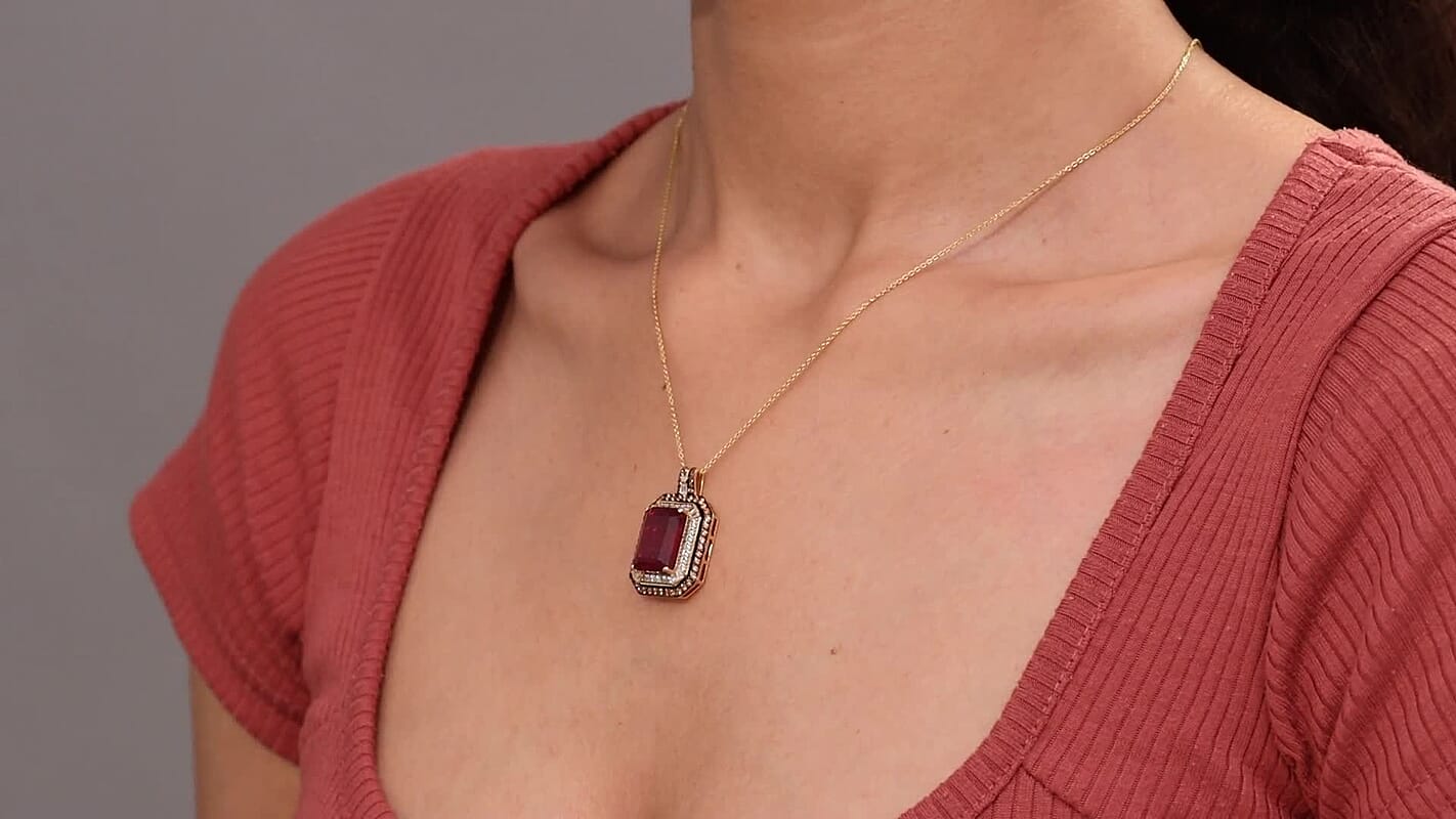 D'Joy Niassa Ruby (FF) and Multi Gemstone 13.50 ctw Art Deco Pendant Necklace 20 Inches in 18K Vermeil Yellow Gold Over Sterling Silver