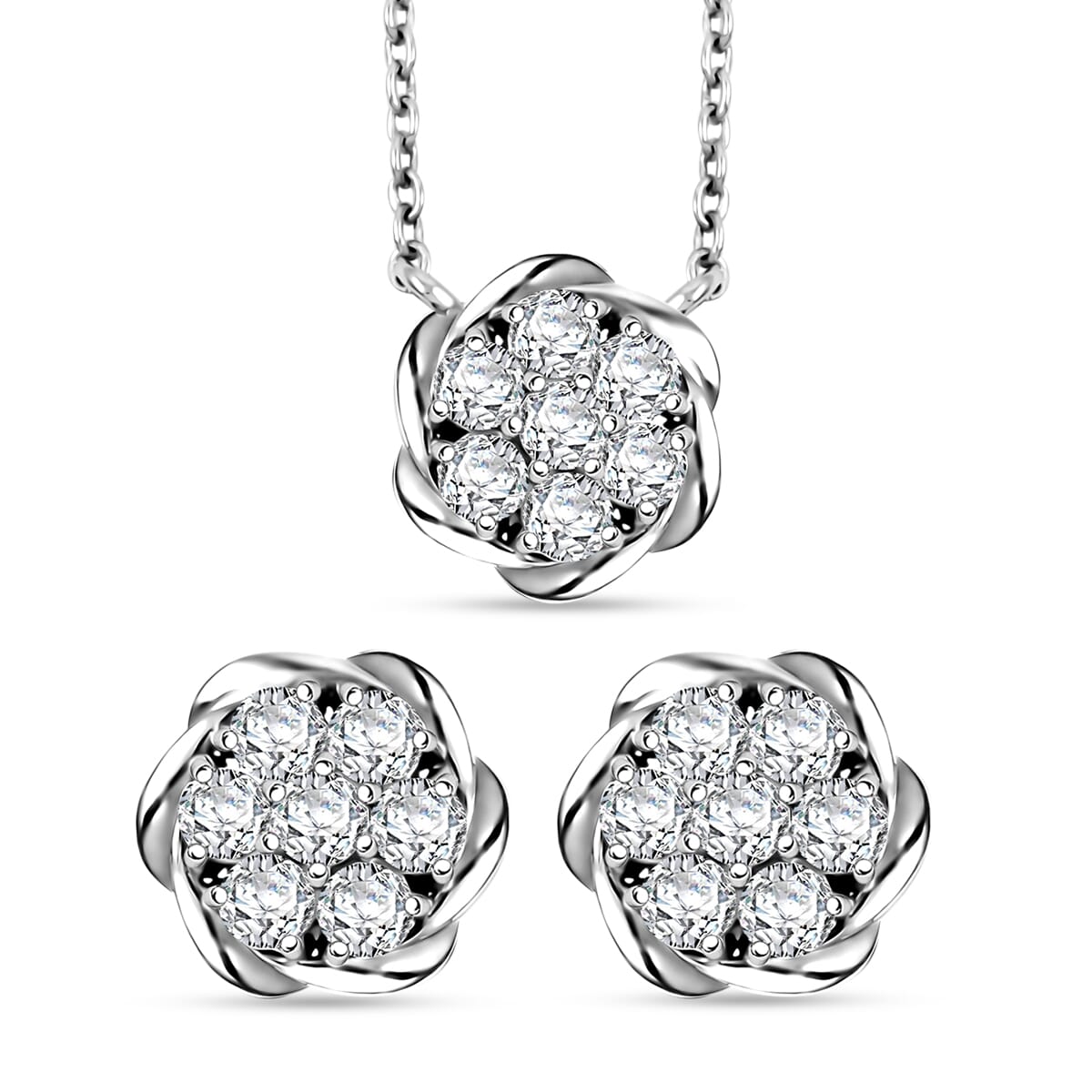 Luxuriant Lab Grown Diamond G SI 1.15 ctw Floral Necklace 18-20 Inches and Stud Earrings in Sterling Silver image number 0
