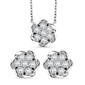 Luxuriant Lab Grown Diamond G SI 1.15 ctw Floral Necklace 18-20 Inches and Stud Earrings in Sterling Silver