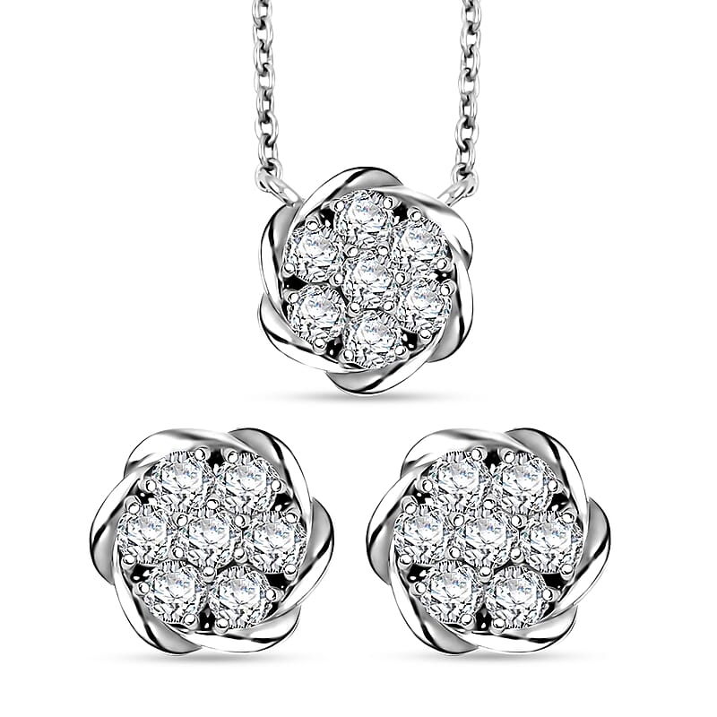Luxuriant Lab Grown Diamond G SI 1.15 ctw Floral Necklace 18-20 Inches and Stud Earrings in Sterling Silver