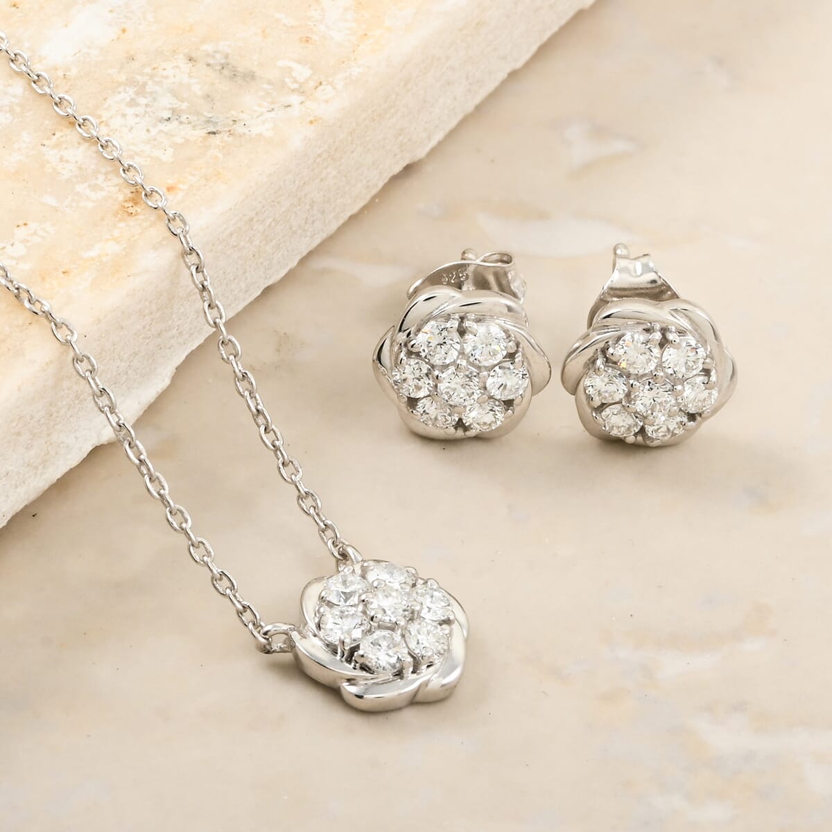 Luxuriant Lab Grown Diamond G SI 1.15 ctw Floral Necklace 18-20 Inches and Stud Earrings in Sterling Silver image number 1