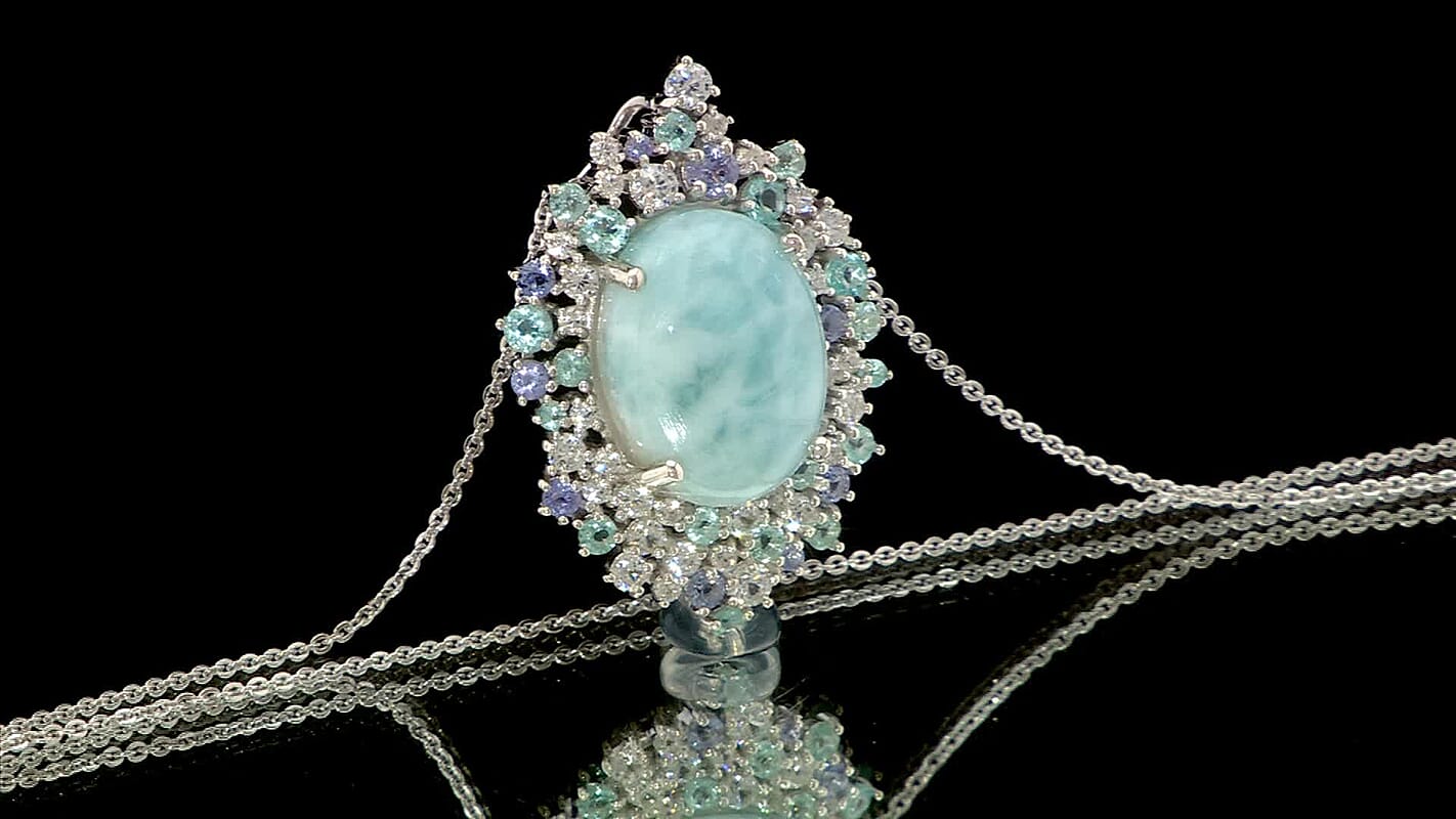 GP Capri Special Collection Premium Larimar and Multi Gemstone 13.35 ctw Pendant Necklace in Rhodium Over Sterling Silver 20 Inches