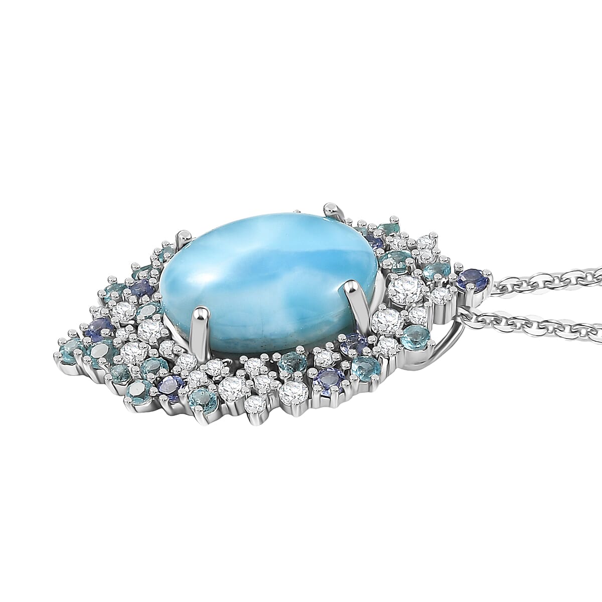 GP Capri Special Collection Premium Larimar and Multi Gemstone 13.35 ctw Pendant Necklace in Rhodium Over Sterling Silver 20 Inches