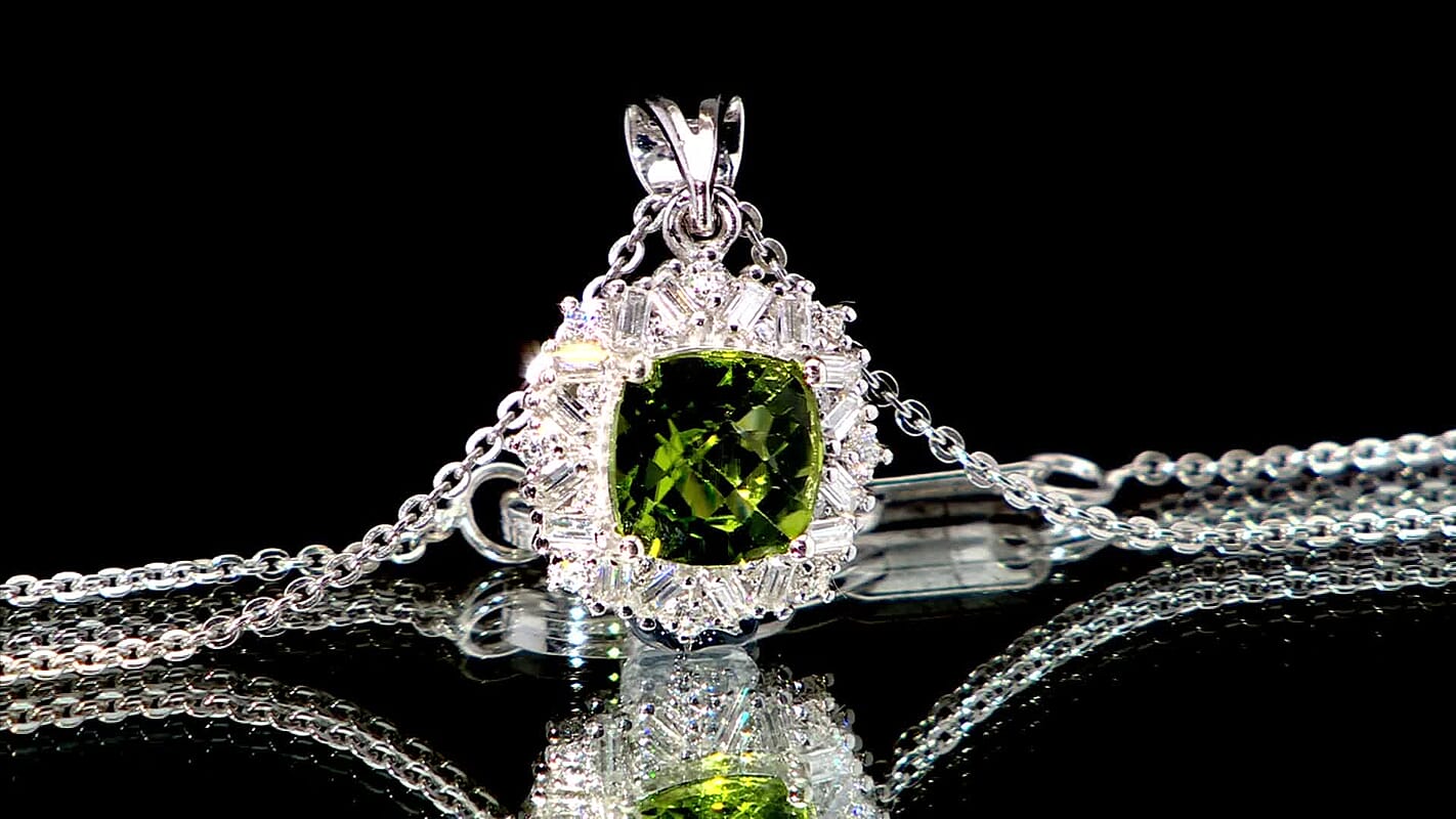 D'Joy Hebei Peridot and Moissanite 1.90 ctw Lime Blossom Pendant Necklace in Rhodium Over Sterling Silver 20 Inches