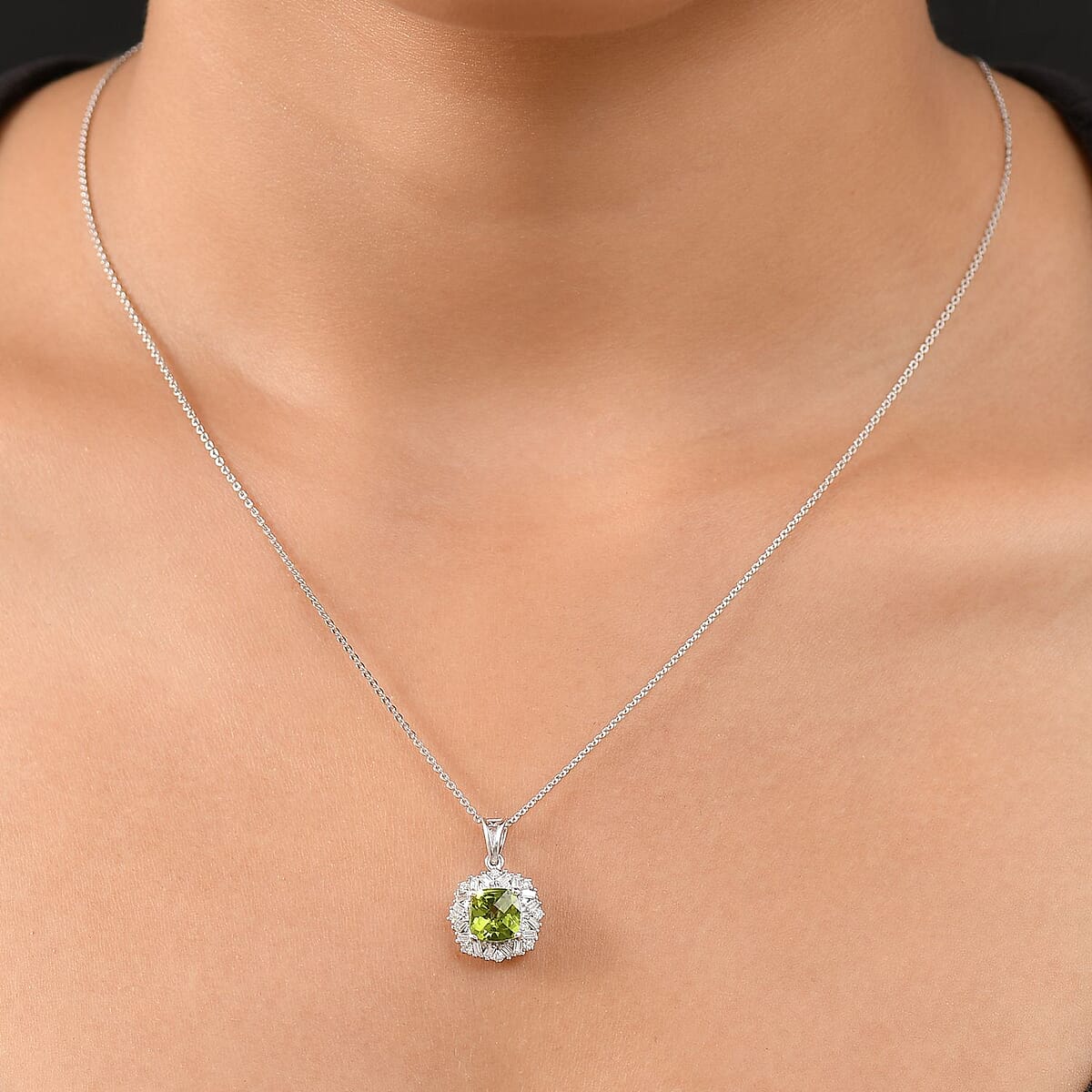 D'Joy Hebei Peridot and Moissanite 1.90 ctw Lime Blossom Pendant Necklace in Rhodium Over Sterling Silver 20 Inches image number 2