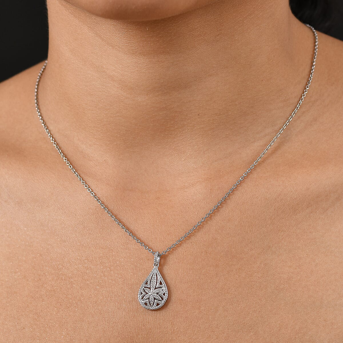 EverTrue White Diamond Accent Floral Pendant in Platinum Bond with Stainless Steel Necklace (20 Inches) image number 2