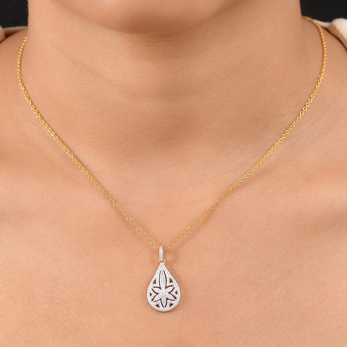 EverTrue White Diamond Accent Floral Pendant in 18K YG Plated and Platinum Bond with ION Plated YG Stainless Steel Necklace (20 Inches) image number 2