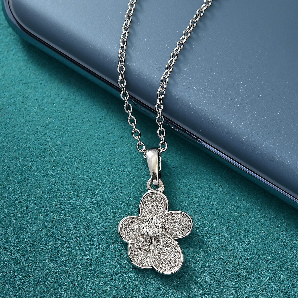 EverTrue White Diamond Accent Petal Radiance Pendant in Platinum Bond with Stainless Steel Necklace (20 Inches) image number 1