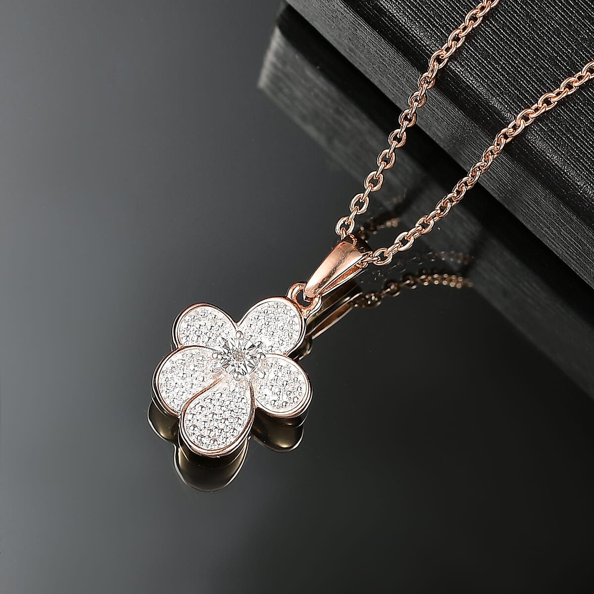 EverTrue White Diamond Accent Petal Radiance Pendant in 18K RG Plated and Platinum Bond with Stainless Steel Necklace (20 Inches) image number 1