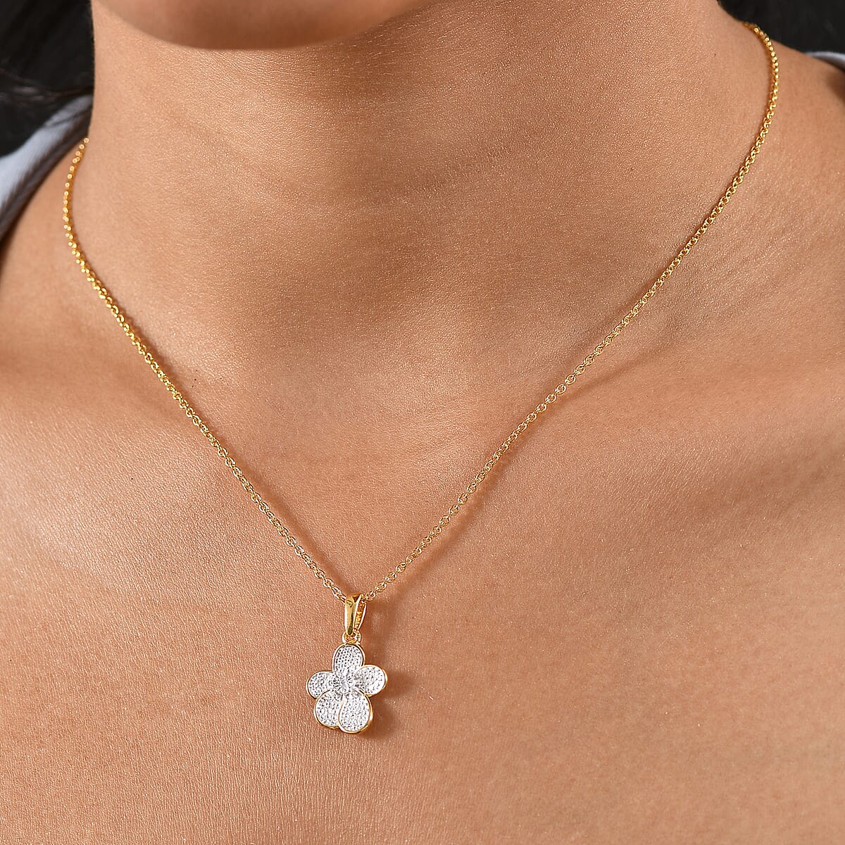 EverTrue White Diamond Accent Petal Radiance Pendant in 18K YG Plated and Platinum Bond with Stainless Steel Necklace (20 Inches) image number 2