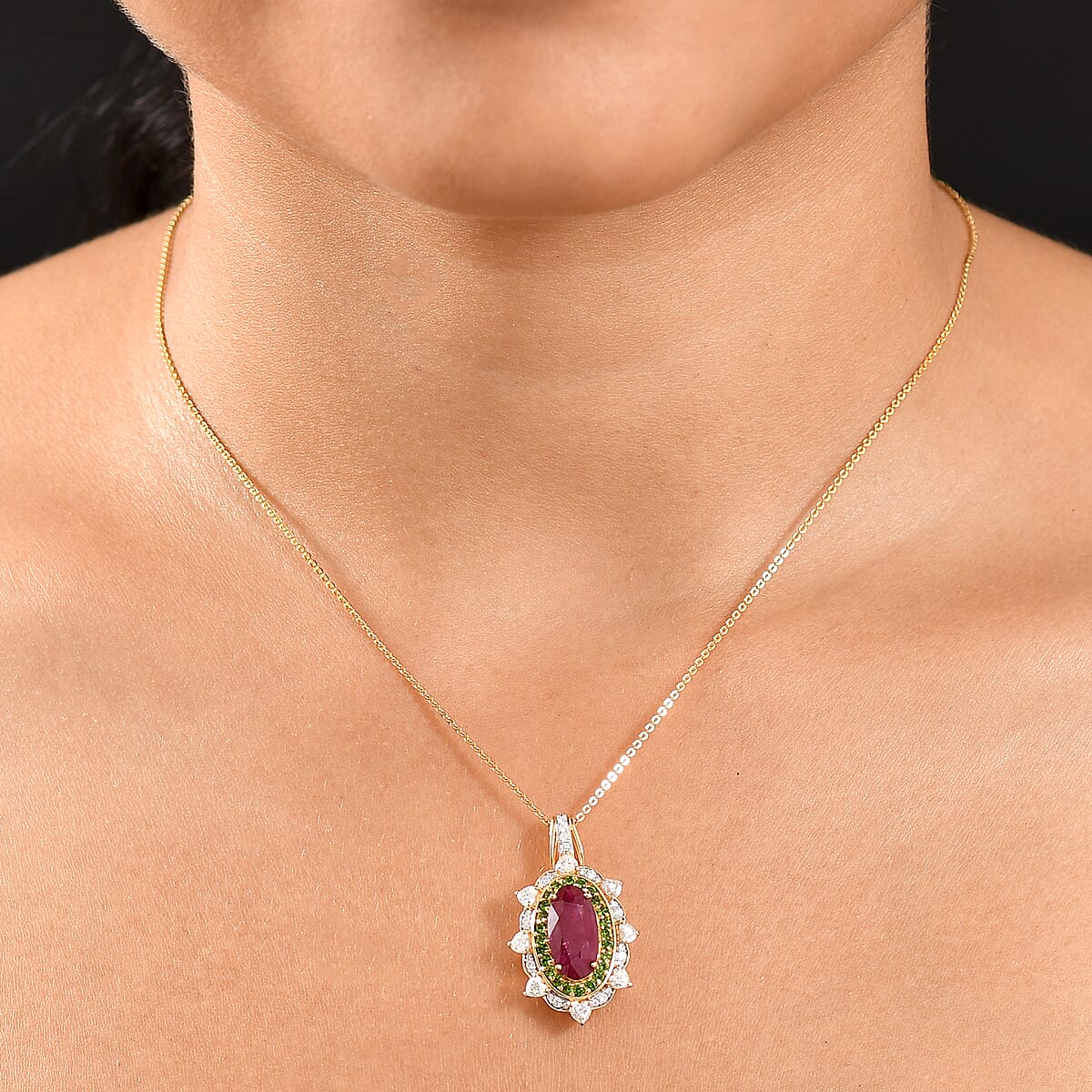 Doorbuster D’Joy Niassa Ruby (FF) and Multi Gemstone 6.50 ctw Heart of Passion Pendant Necklace in 18K Vermeil Yellow Gold Over Sterling Silver 20 Inches image number 2