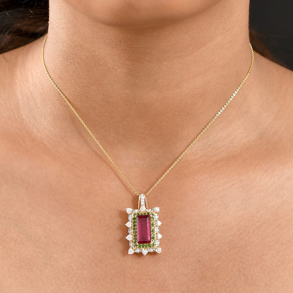 Doorbuster D&rsquo;Joy Niassa Ruby (FF) and Multi Gemstone 8.00 ctw Heart of Passion Pendant Necklace in 18K Vermeil Yellow Gold Over Sterling Silver 20 Inches image number 2