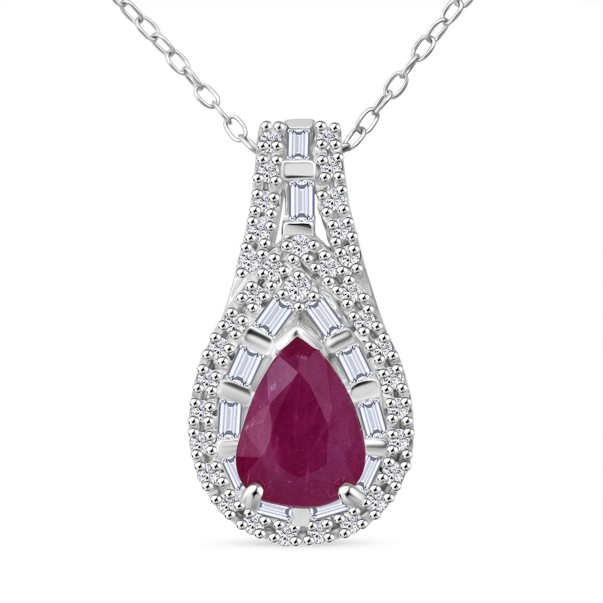 D'Joy Premium Mozambique Ruby, Moissanite Pendant Necklace (20 Inches) in Rhodium Over Sterling Silver 1.83 ctw image number 0