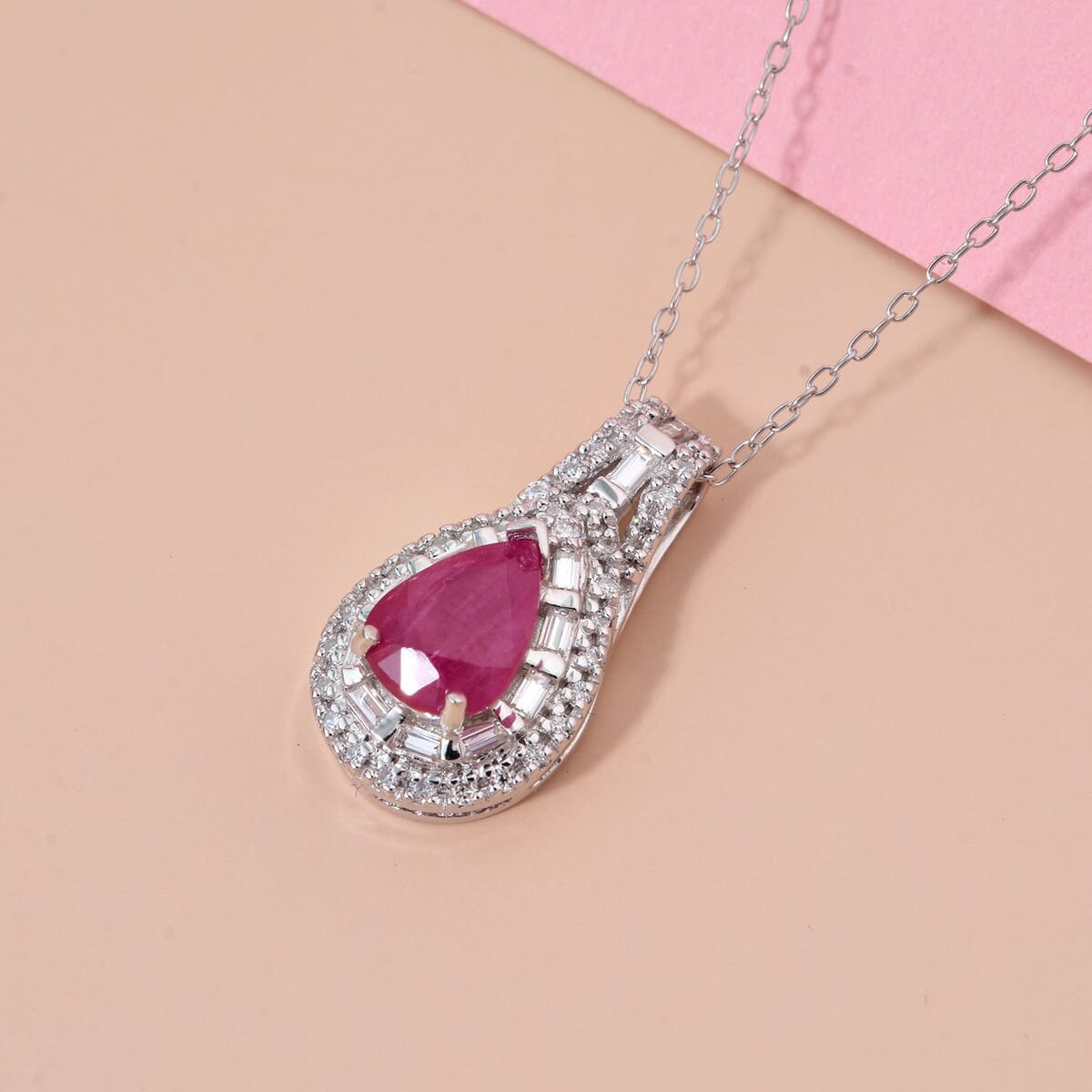 D'Joy Premium Mozambique Ruby, Moissanite Pendant Necklace (20 Inches) in Rhodium Over Sterling Silver 1.83 ctw image number 1