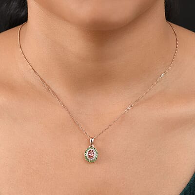 D'Joy Premium Blush Tourmaline and Multi Gemstone 1.00 ctw Floral Glint Pendant Necklace in 18K Vermeil Rose Gold Over Sterling Silver 20 Inches