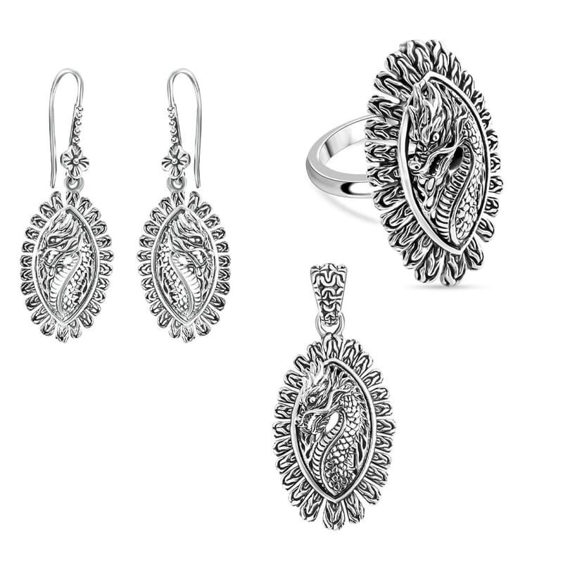 D'Joy Bali Legacy Sterling Silver Dragon Ring (Size 5.0), Earrings and Pendant without Chain 18.45 Grams