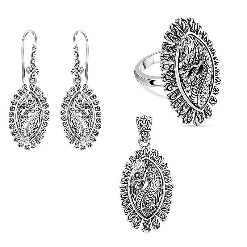 D'Joy Bali Legacy Sterling Silver Dragon Ring (Size 5.0), Earrings and Pendant without Chain 18.45 Grams