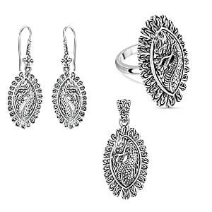 D'Joy Bali Legacy Sterling Silver Dragon Ring (Size 8.0), Earrings and Pendant without Chain 18.45 Grams