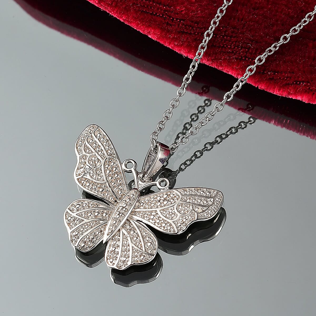 EverTrue Diamond Accent Butterfly Pendant in Platinum Bond with Stainless Steel Necklace 20 Inches image number 1