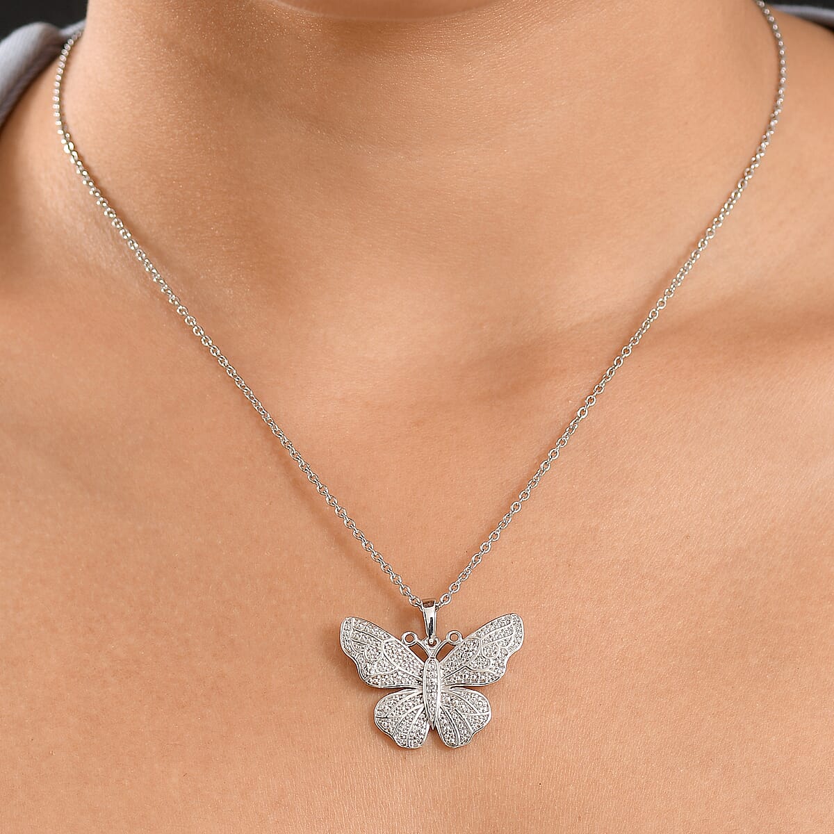 EverTrue Diamond Accent Butterfly Pendant in Platinum Bond with Stainless Steel Necklace 20 Inches image number 2