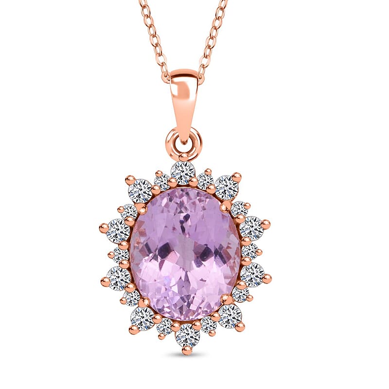 AAA Martha Rocha Kunzite and Luxuriant Lab Grown G-H SI 6.75 ctw Blush & Bloom Pendant Necklace in 10K Rose Gold 18 Inches