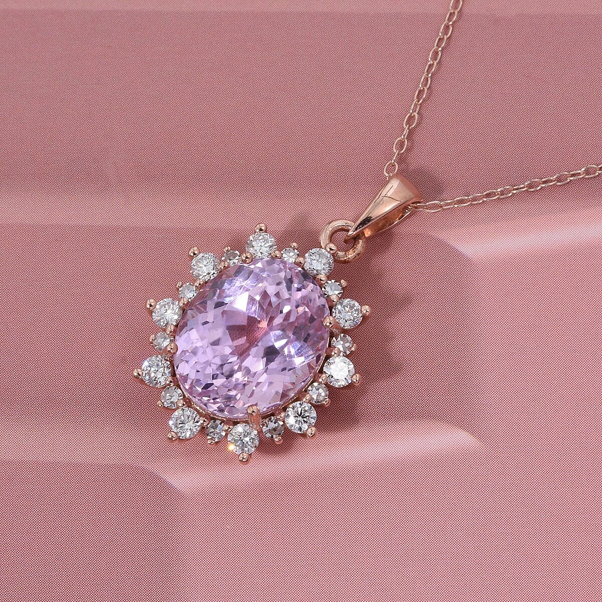 AAA Martha Rocha Kunzite and Luxuriant Lab Grown G-H SI 6.75 ctw Blush & Bloom Pendant Necklace in 10K Rose Gold 18 Inches image number 1