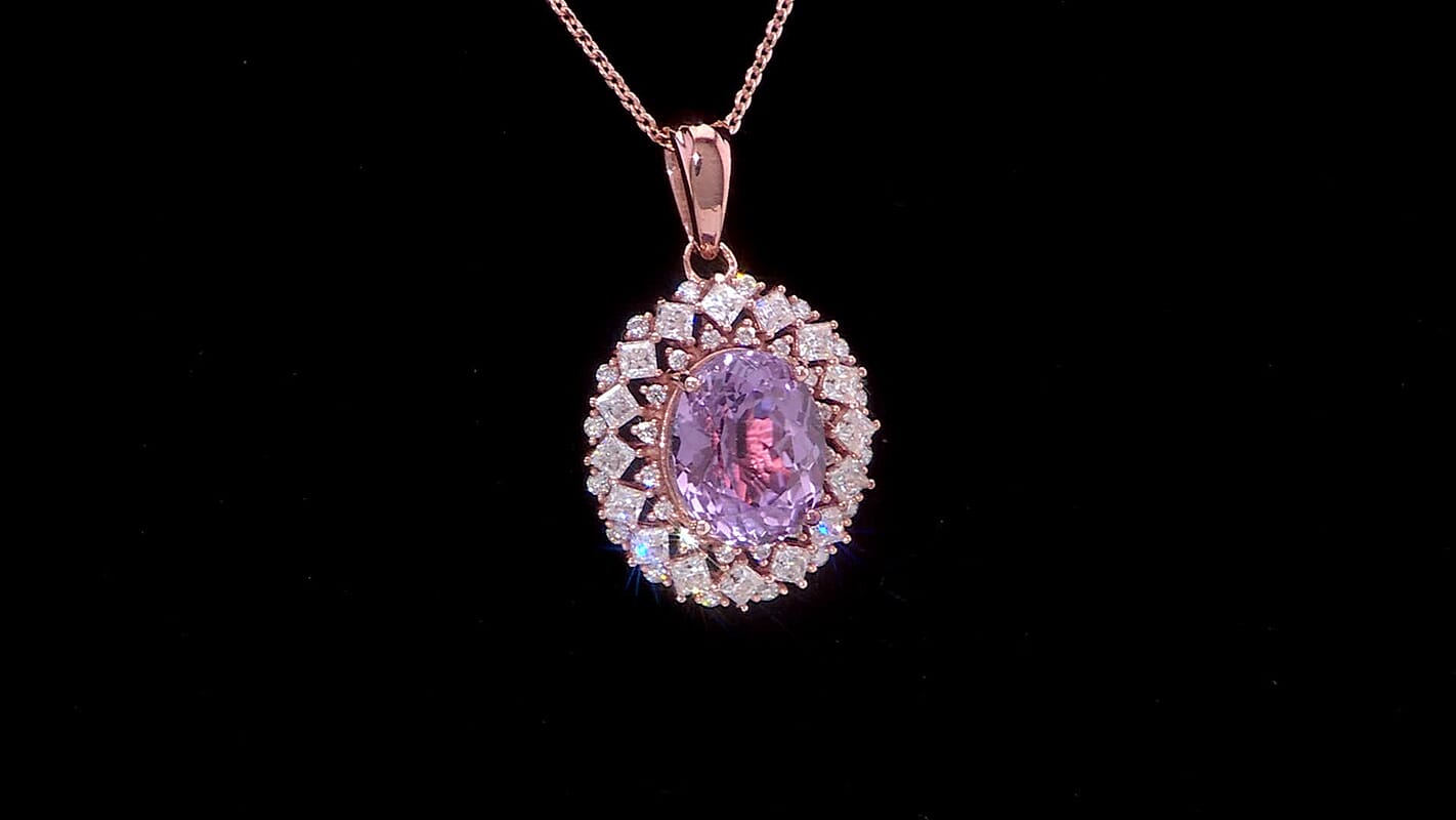 D'Joy Premium Martha Rocha Kunzite and Moissanite 5.90 ctw Pendant Necklace in 18K Vermeil Rose Gold Over Sterling Silver 20 Inches