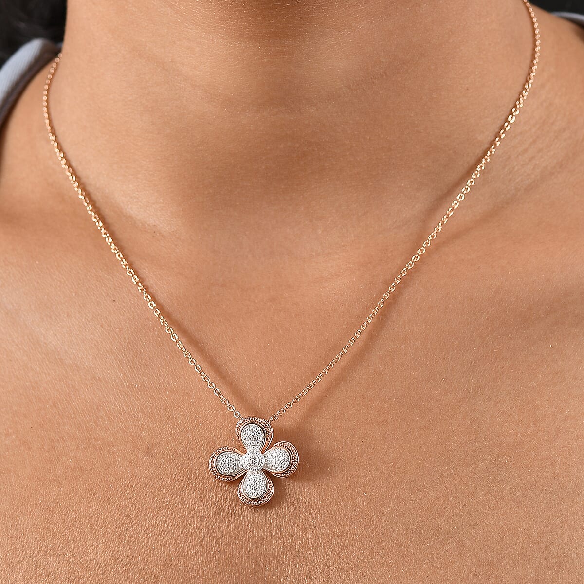 EverTrue White Diamond Accent Pendant in 18K RG Plated and Platinum Bond with Stainless Steel Necklace (20 Inches) image number 2