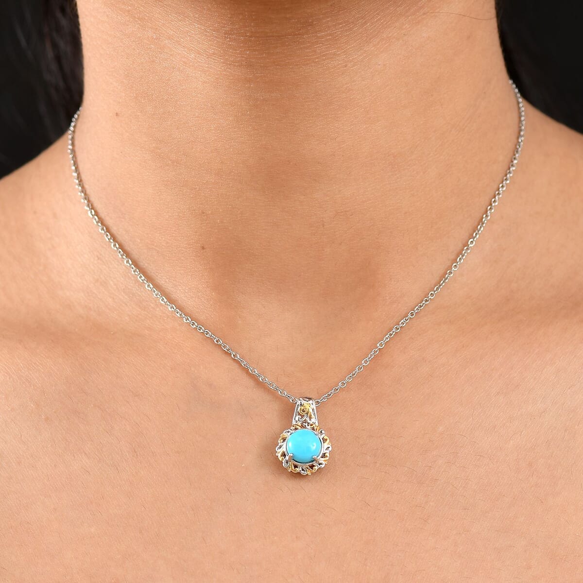 EverTrue Sleeping Beauty Turquoise 1.80 ctw Pendant in 18K YG Plated and Platinum Bond with Stainless Steel Necklace 20 Inches image number 2