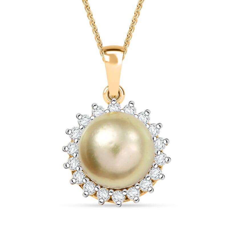 D'Joy South Sea Golden Pearl and Moissanite 0.55 ctw Sunburst Pendant Necklace in 18K Vermeil Yellow Gold Over Sterling Silver 20 Inches