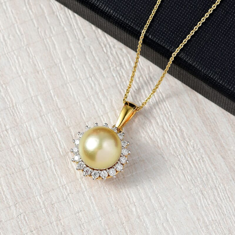 D'Joy South Sea Golden Pearl and Moissanite 0.55 ctw Sunburst Pendant Necklace in 18K Vermeil Yellow Gold Over Sterling Silver 20 Inches