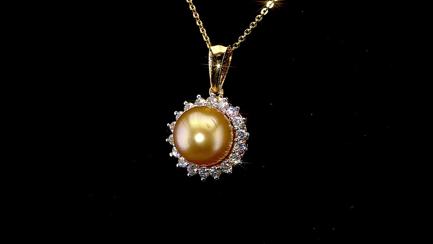 D'Joy South Sea Golden Pearl and Moissanite 0.55 ctw Sunburst Pendant Necklace in 18K Vermeil Yellow Gold Over Sterling Silver 20 Inches