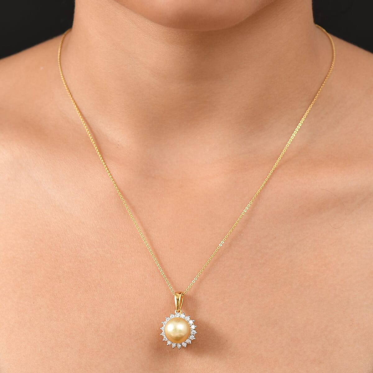 D'Joy South Sea Golden Pearl and Moissanite 0.55 ctw Sunburst Pendant Necklace in 18K Vermeil Yellow Gold Over Sterling Silver 20 Inches image number 2