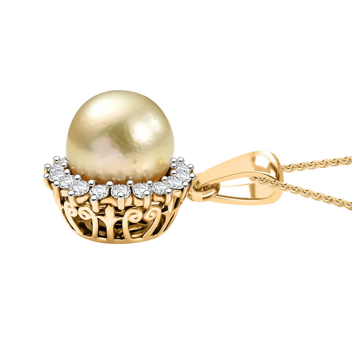 D'Joy South Sea Golden Pearl and Moissanite 0.55 ctw Sunburst Pendant Necklace in 18K Vermeil Yellow Gold Over Sterling Silver 20 Inches image number 3