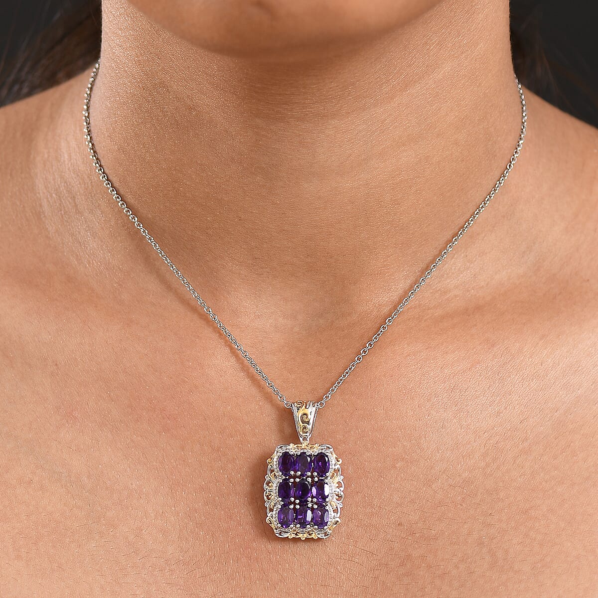 EverTrue African Amethyst Pendant in 18K YG Plated and Platinum Bond with Stainless Steel Necklace (20 Inches) 3.60 ctw image number 2