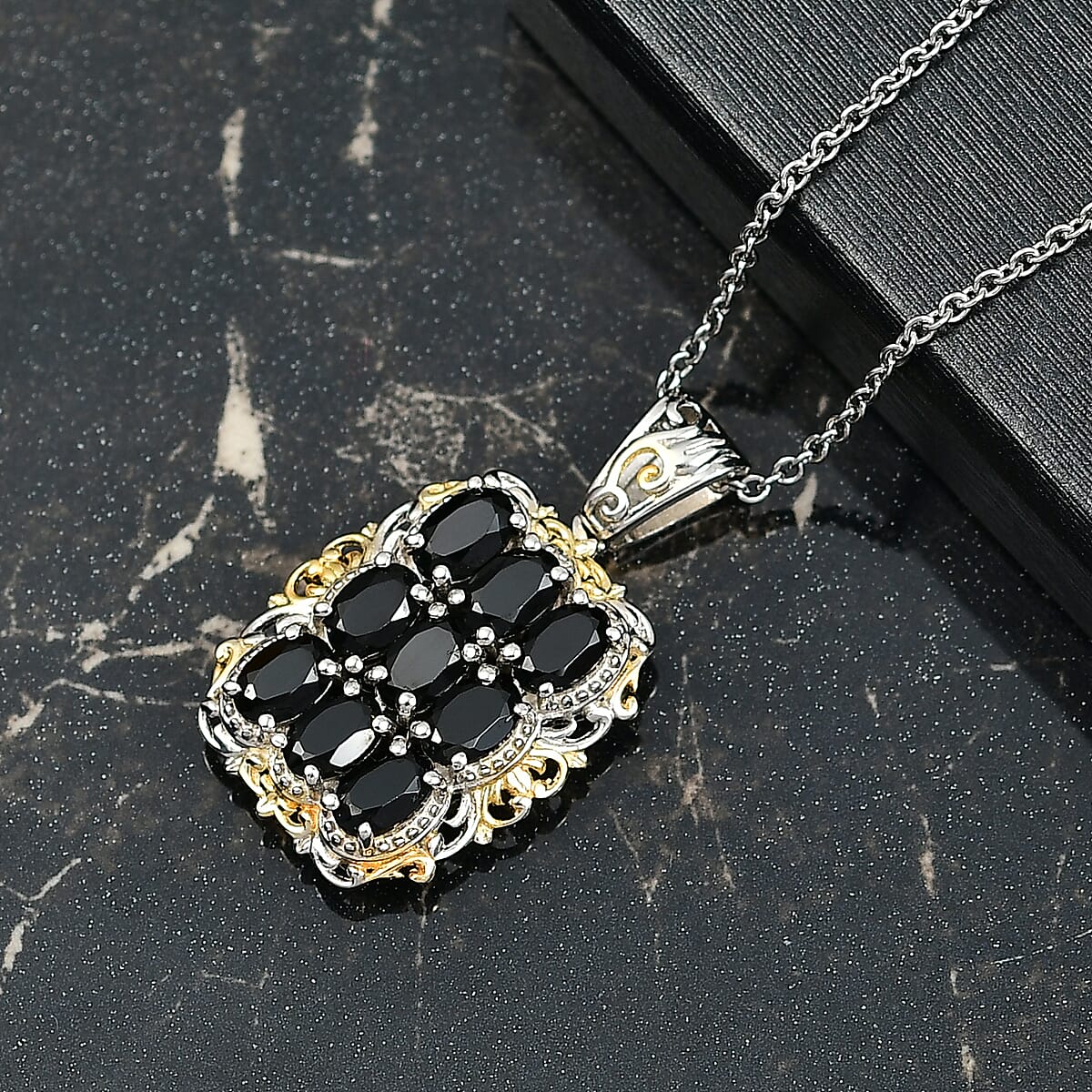 EverTrue Thai Black Spinel 5.50 ctw Pendant in 18K YG Plated and Platinum Bond with Stainless Steel Necklace (20 Inches) image number 1