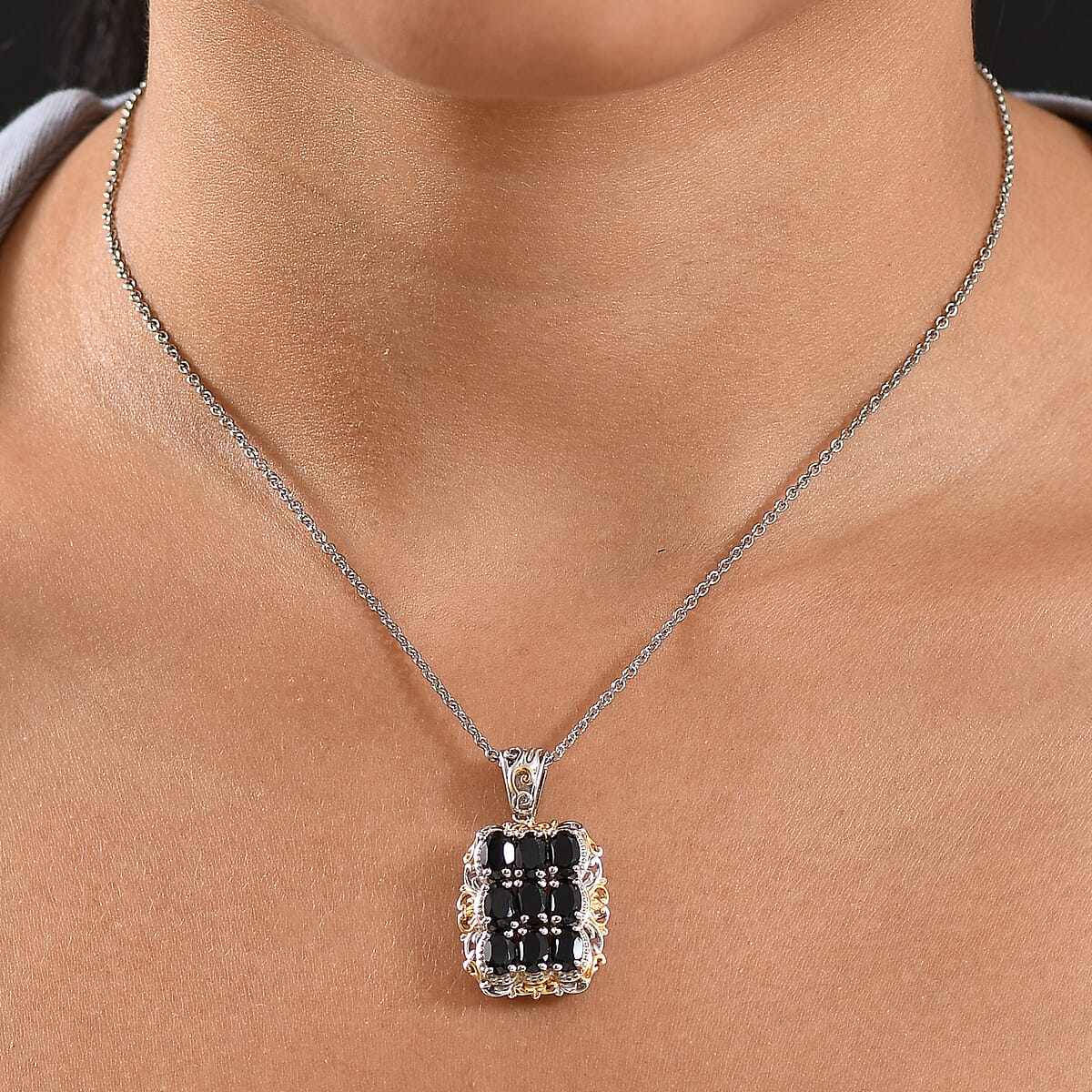 EverTrue Thai Black Spinel 5.50 ctw Pendant in 18K YG Plated and Platinum Bond with Stainless Steel Necklace (20 Inches) image number 2