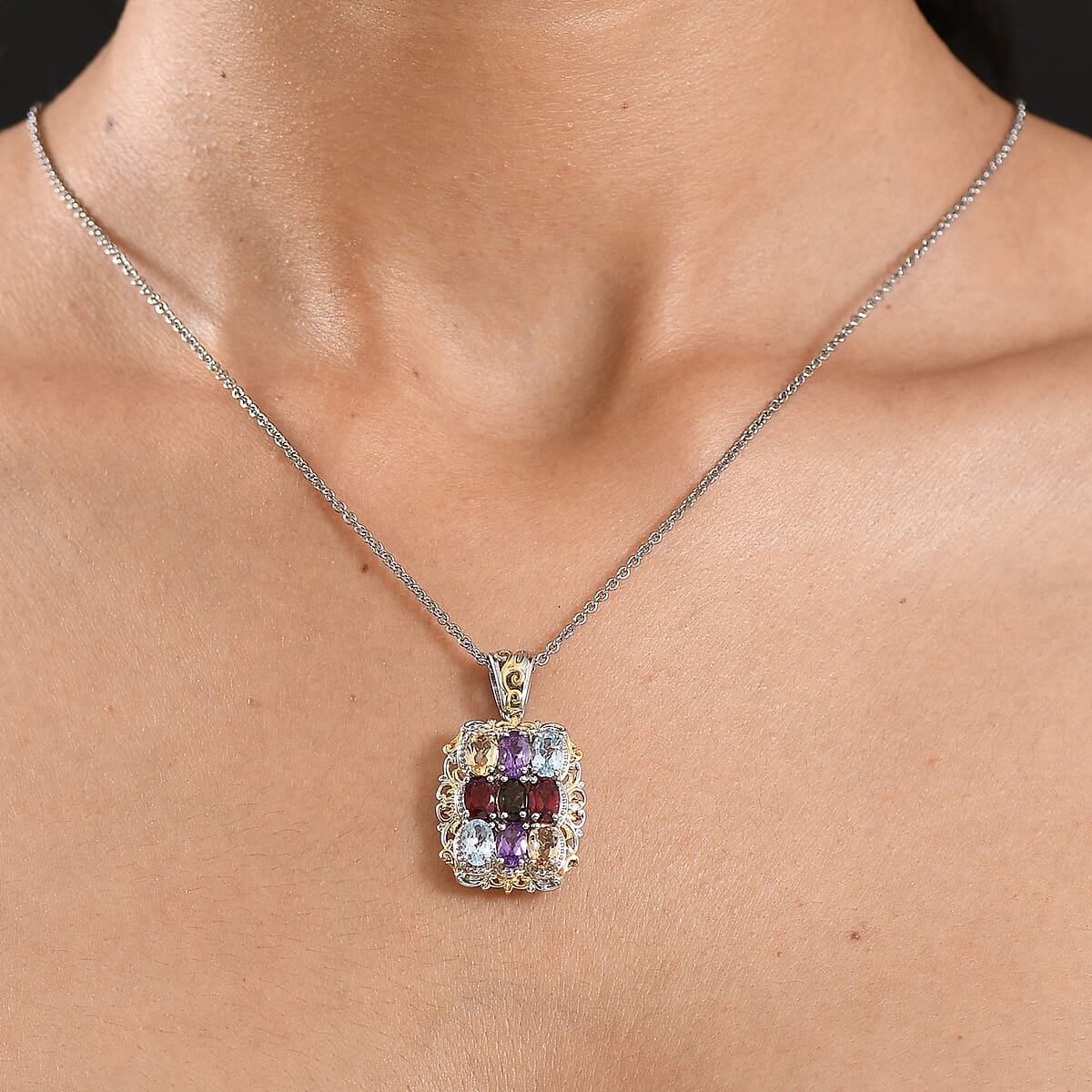 EverTrue Multi Gemstone 4.25 ctw Pendant in 18K YG Plated and Platinum Bond with Stainless Steel Necklace 20 Inches image number 2