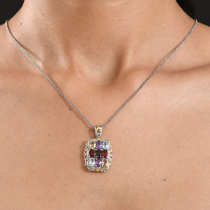 EverTrue Multi Gemstone 4.25 ctw Pendant in 18K YG Plated and Platinum Bond with Stainless Steel Necklace 20 Inches